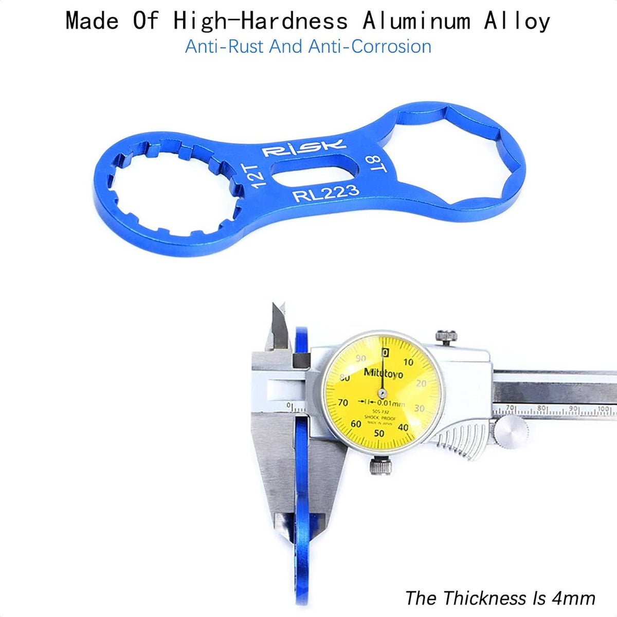 Blue aluminum bicycle fork cap spanner tool with notched socket and side grip loop.