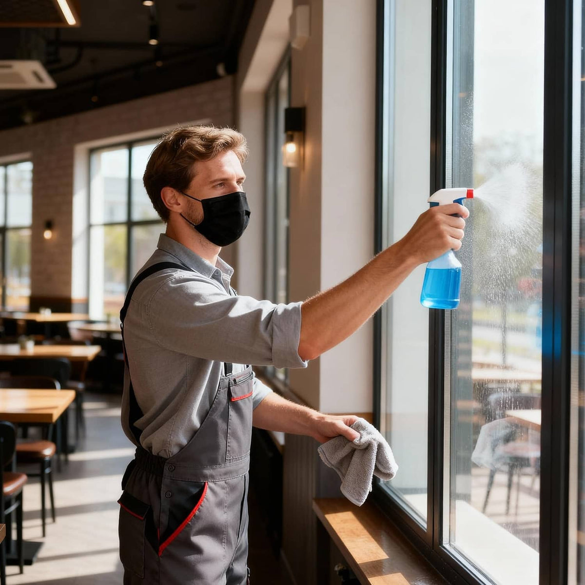3-ply black disposable face mask on man, holding a sanitizer sprayer