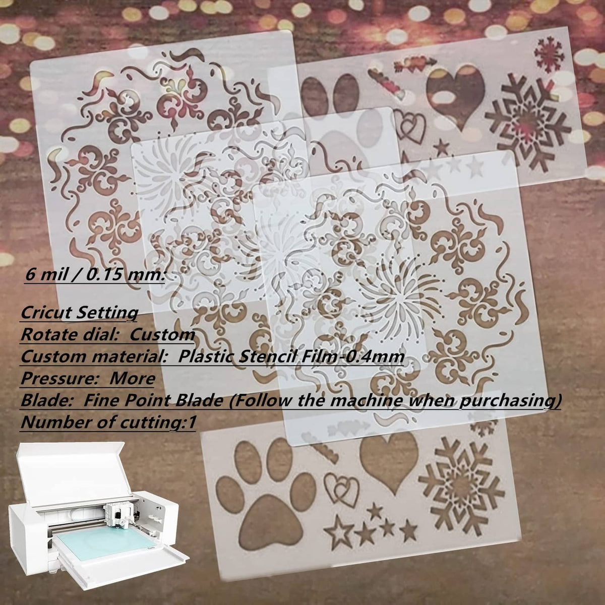 Clear plastic stencil film sheet with decorative cut-out designs, 6mil
