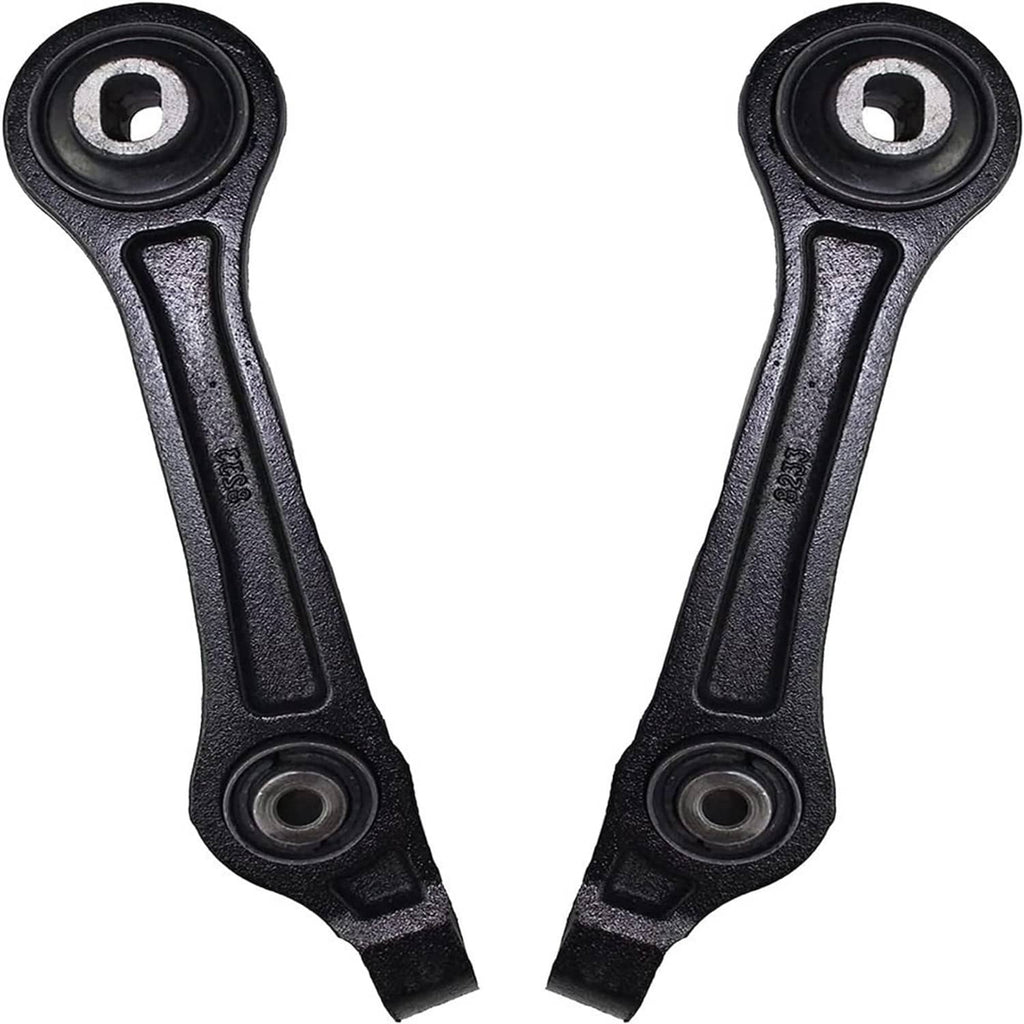 Pair of black stamped control arms with polyurethane bushings and round pivots