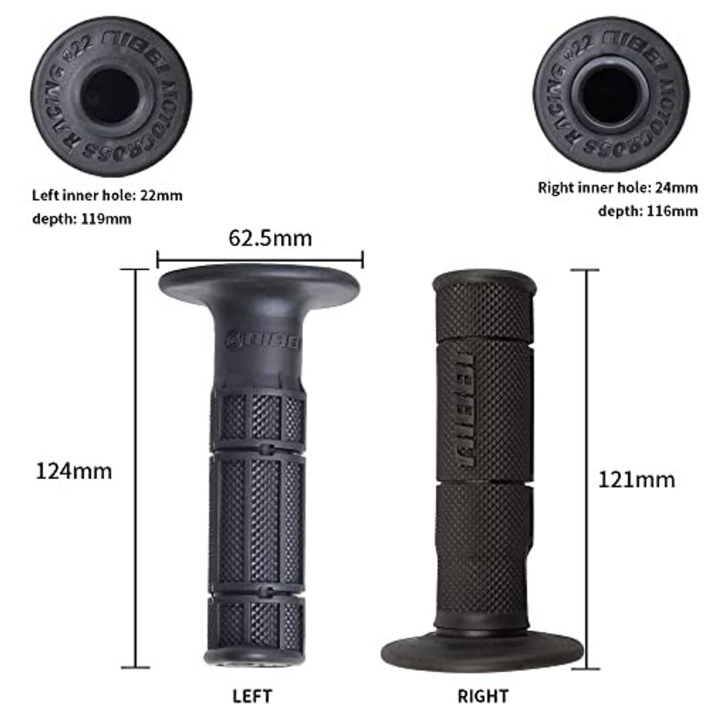 Black motorcycle grip set with left and right sizes and flared end bases