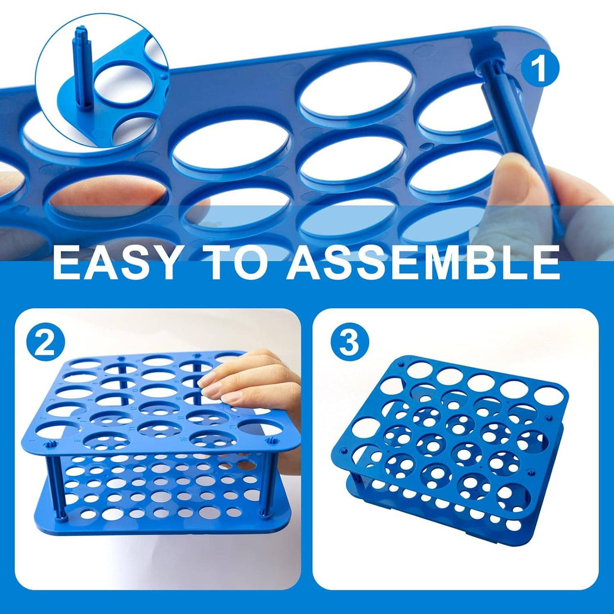 Blue centrifuge tube rack with 25 circular wells on a two-tier assembled frame