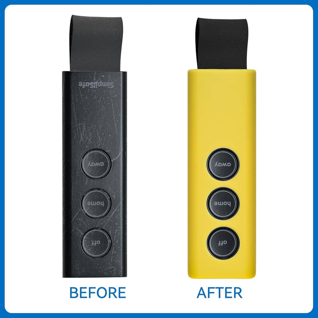Before and after view of yellow silicone key fob cover with three black button covers