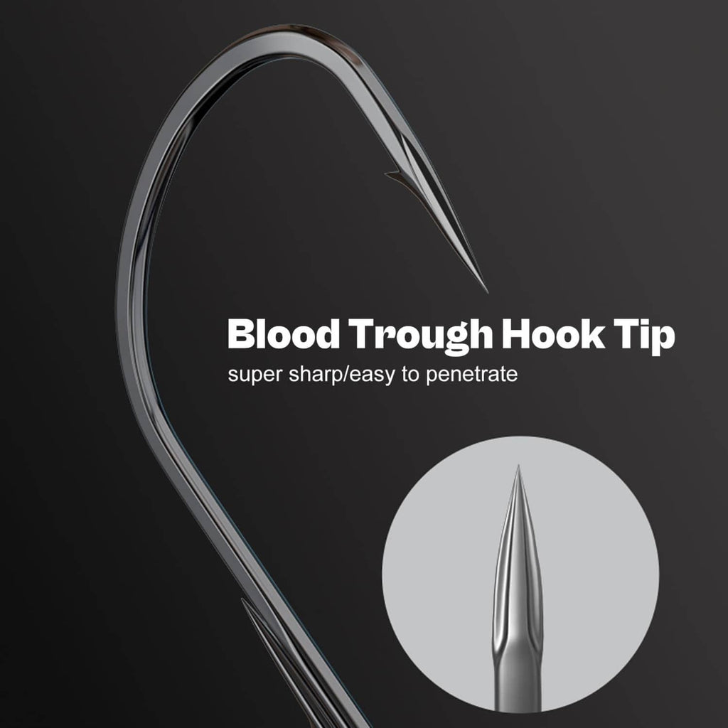 Ned rig hook with sharp blood-trough tip, dark gray steel point close-up