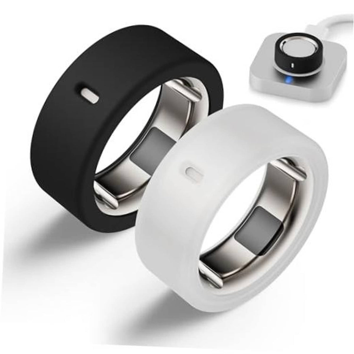 Black and clear white ring protector covers with charging base shown