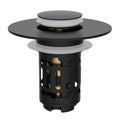 Matte black pop-up sink drain stopper with round cover and removable strainer basket