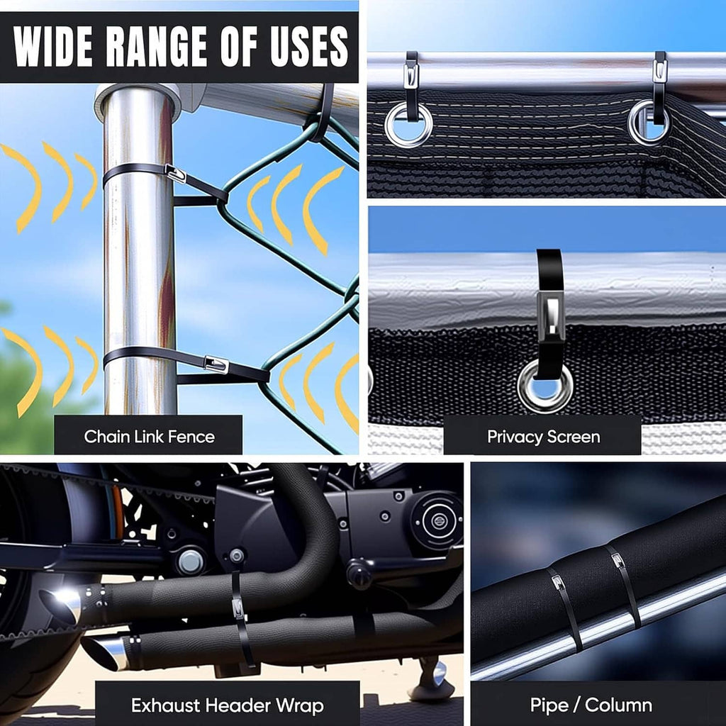 Zip ties fastening items such as chain-link fence and privacy screen on metal pipes