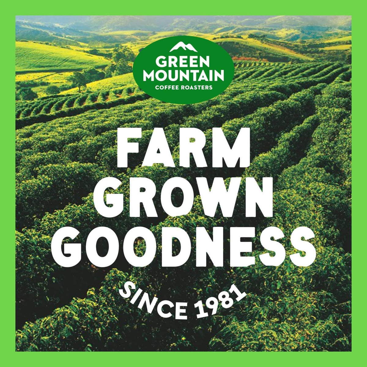Green Mountain coffee farm branding panel with mountain-and-farm graphic