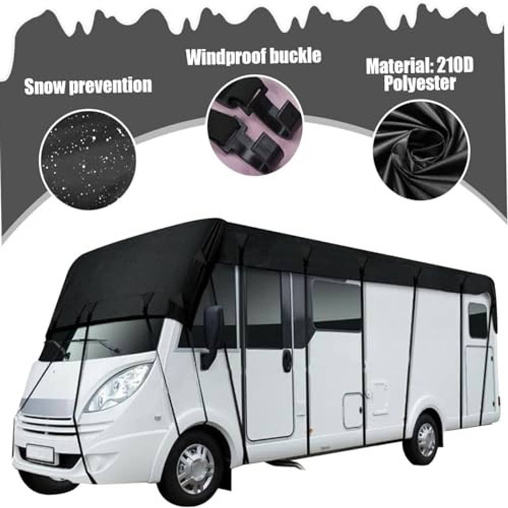 Black RV cover tarp with windproof buckle and 210D polyester material close-up