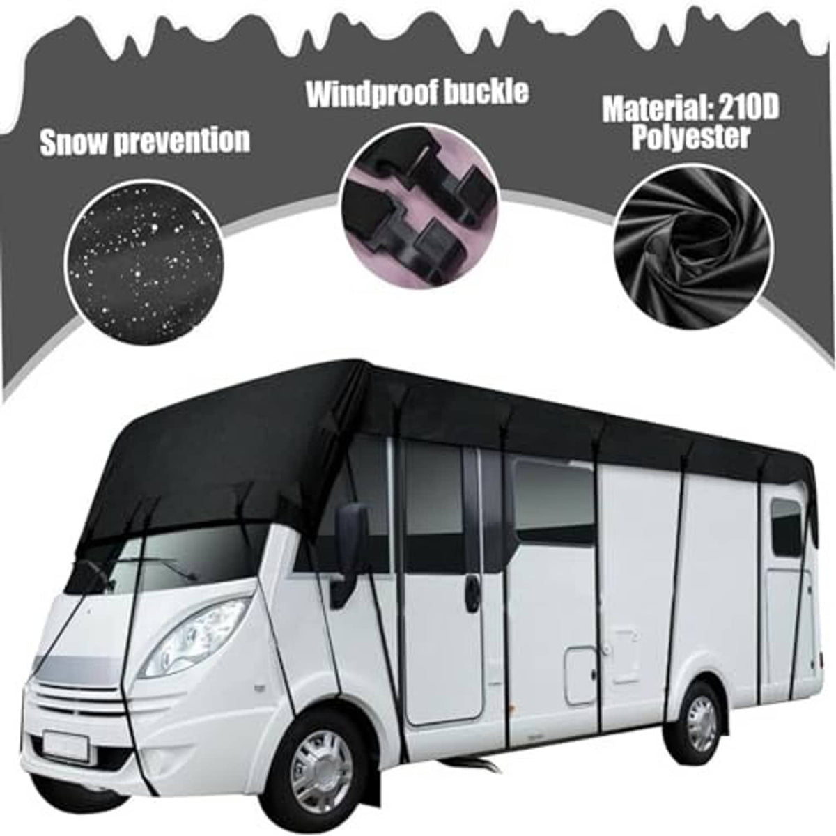 Black RV cover tarp with windproof buckle and 210D polyester material close-up