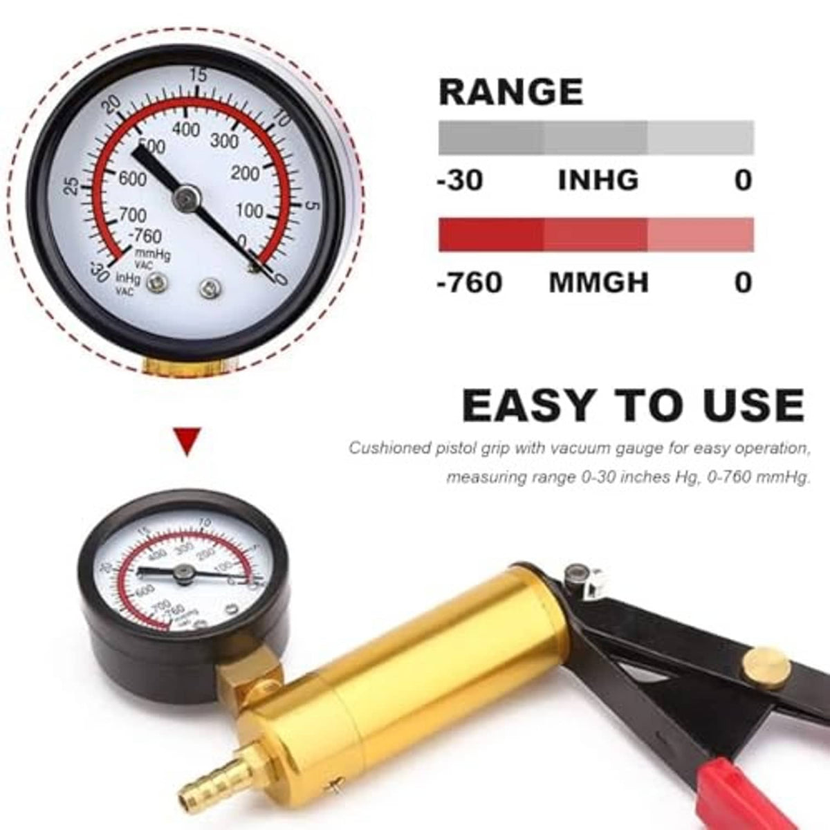 Handheld vacuum pump brake bleeder with pressure gauge and gold cylinder handle