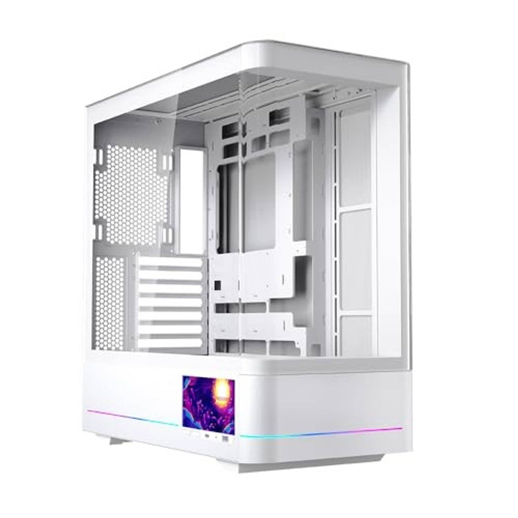 White ATX PC case with exposed interior panels and front LCD window