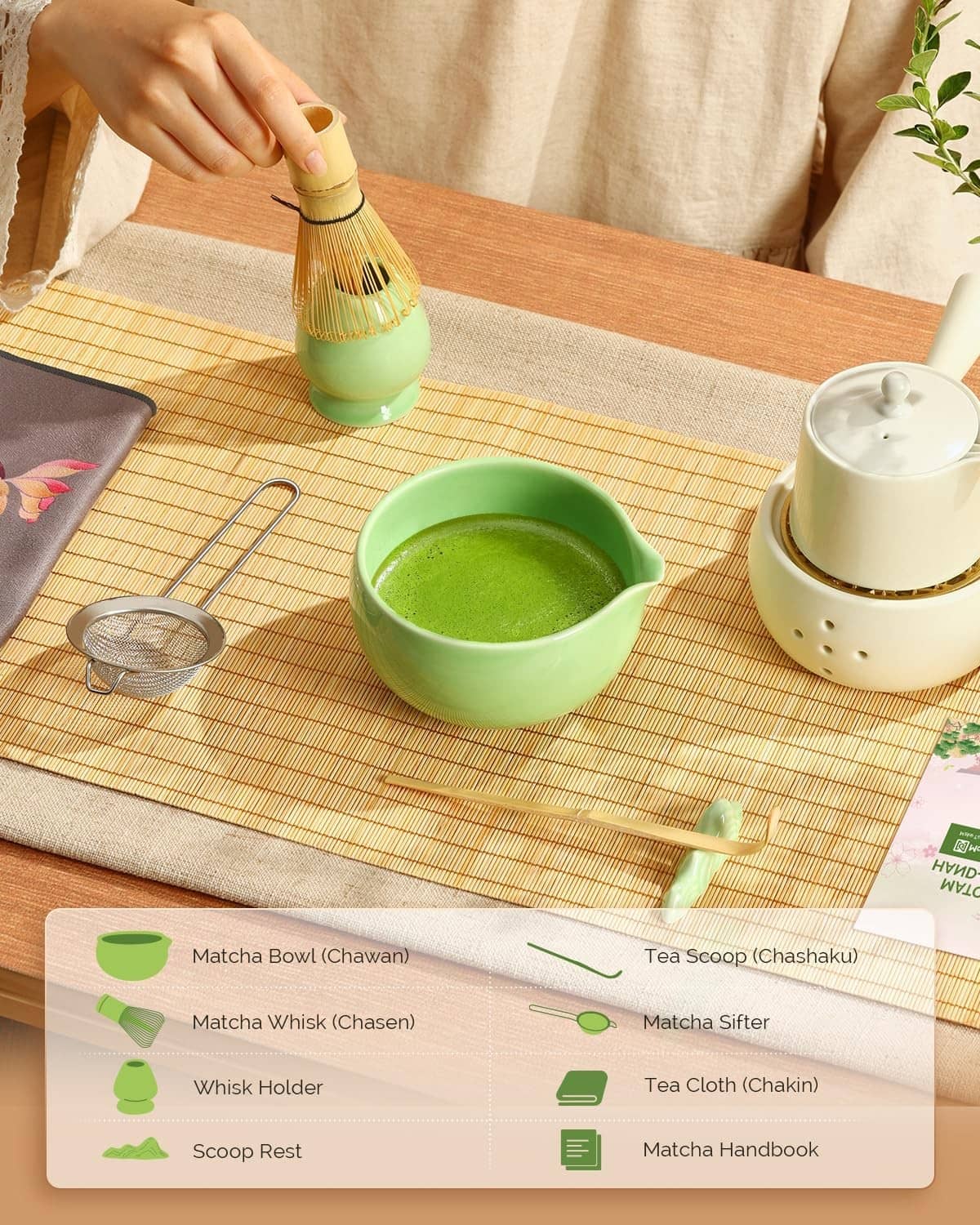 Matcha whisk set accessories shown with green bowl, sifter, whisk holder, scoop rest and cloth