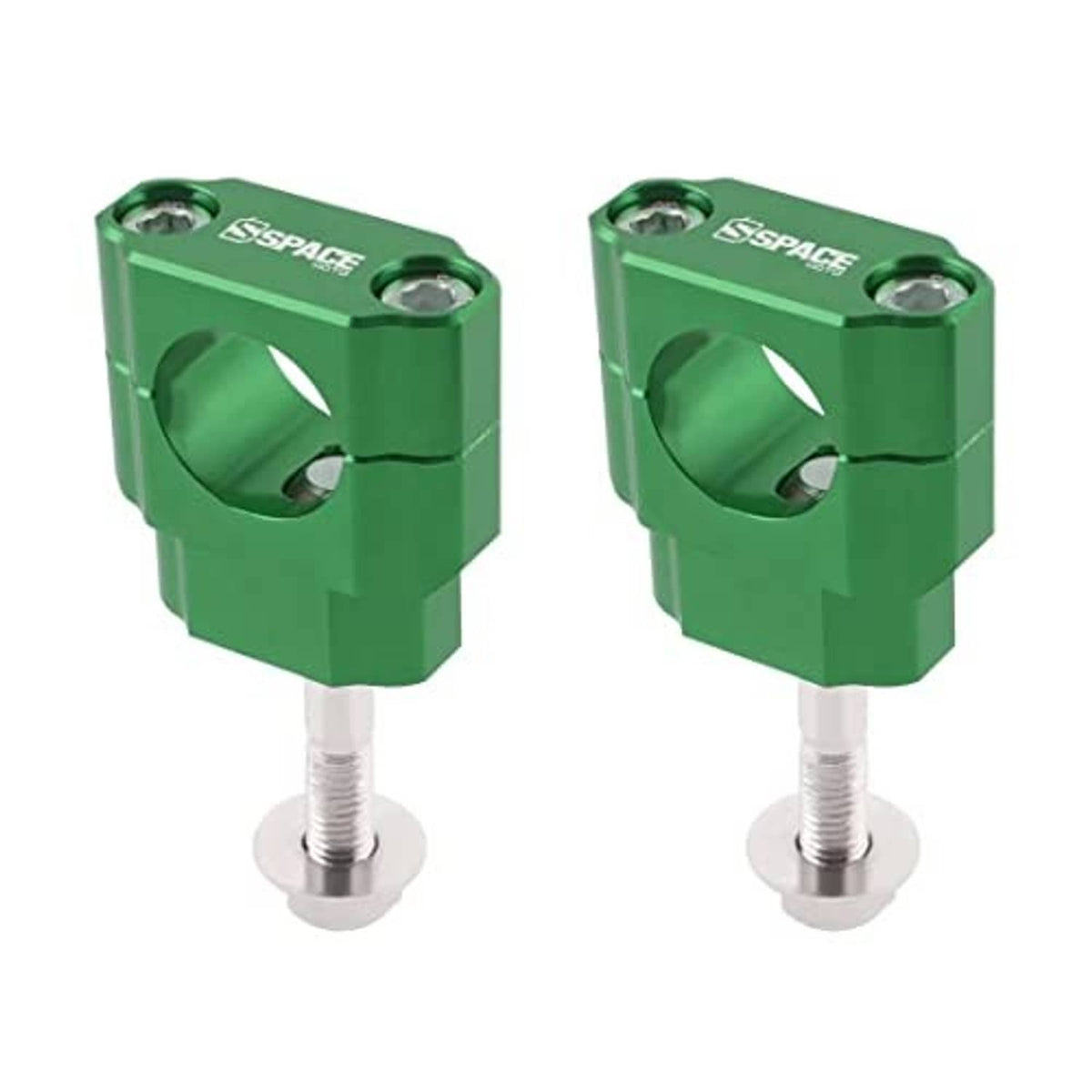 Green handlebar riser clamps pair with circular bore and two silver mounting bolts