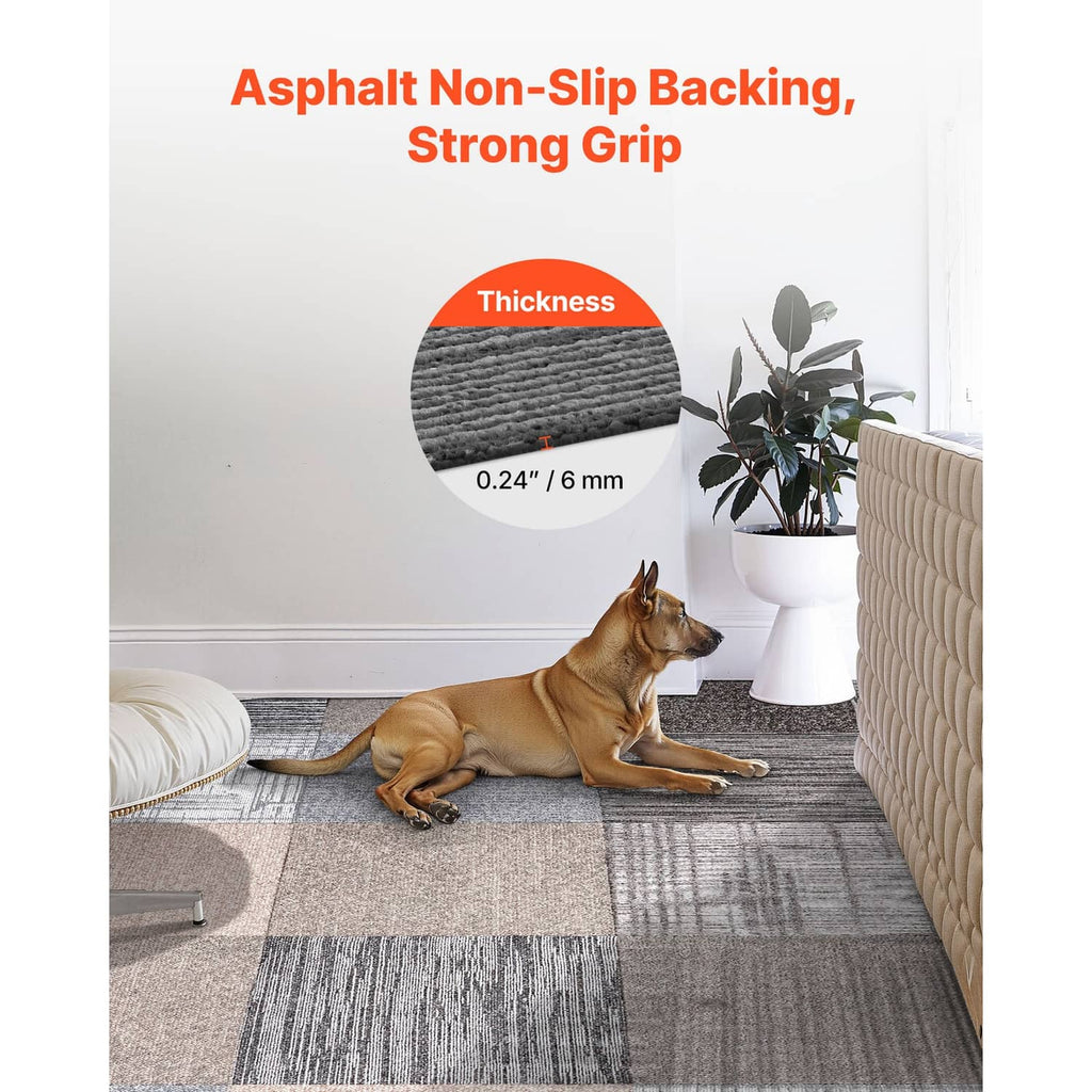 Multicolor carpet tiles with non-slip backing, textured surface