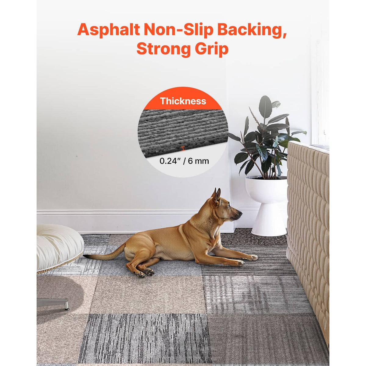 Multicolor carpet tiles with non-slip backing, textured surface