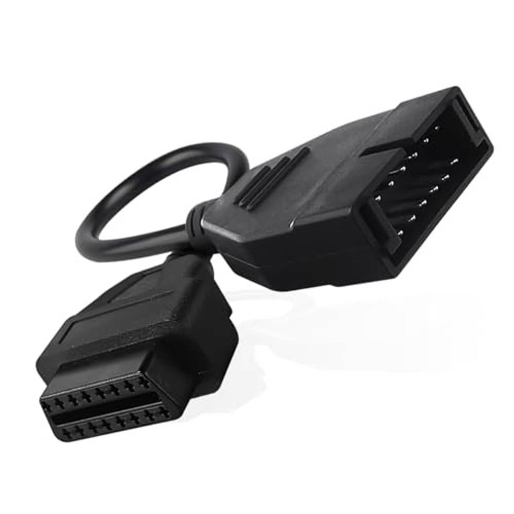 Black OBD1 12-pin to OBD2 16-pin adapter cable with molded two connector ends