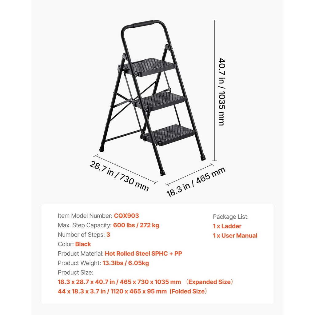 Black 3-step steel folding ladder with handgrip and three wide textured steps