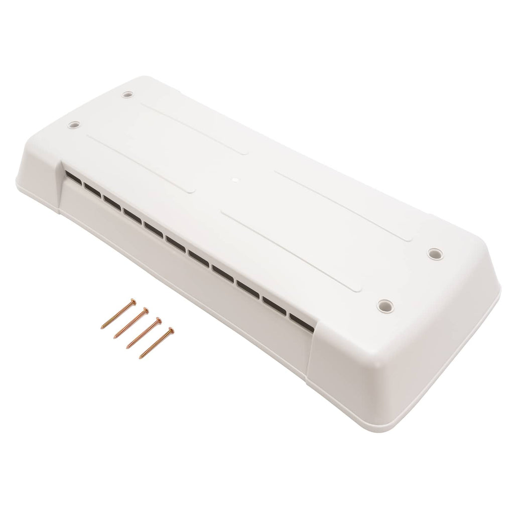 White refrigerator vent cover with vent opening slots and included screws