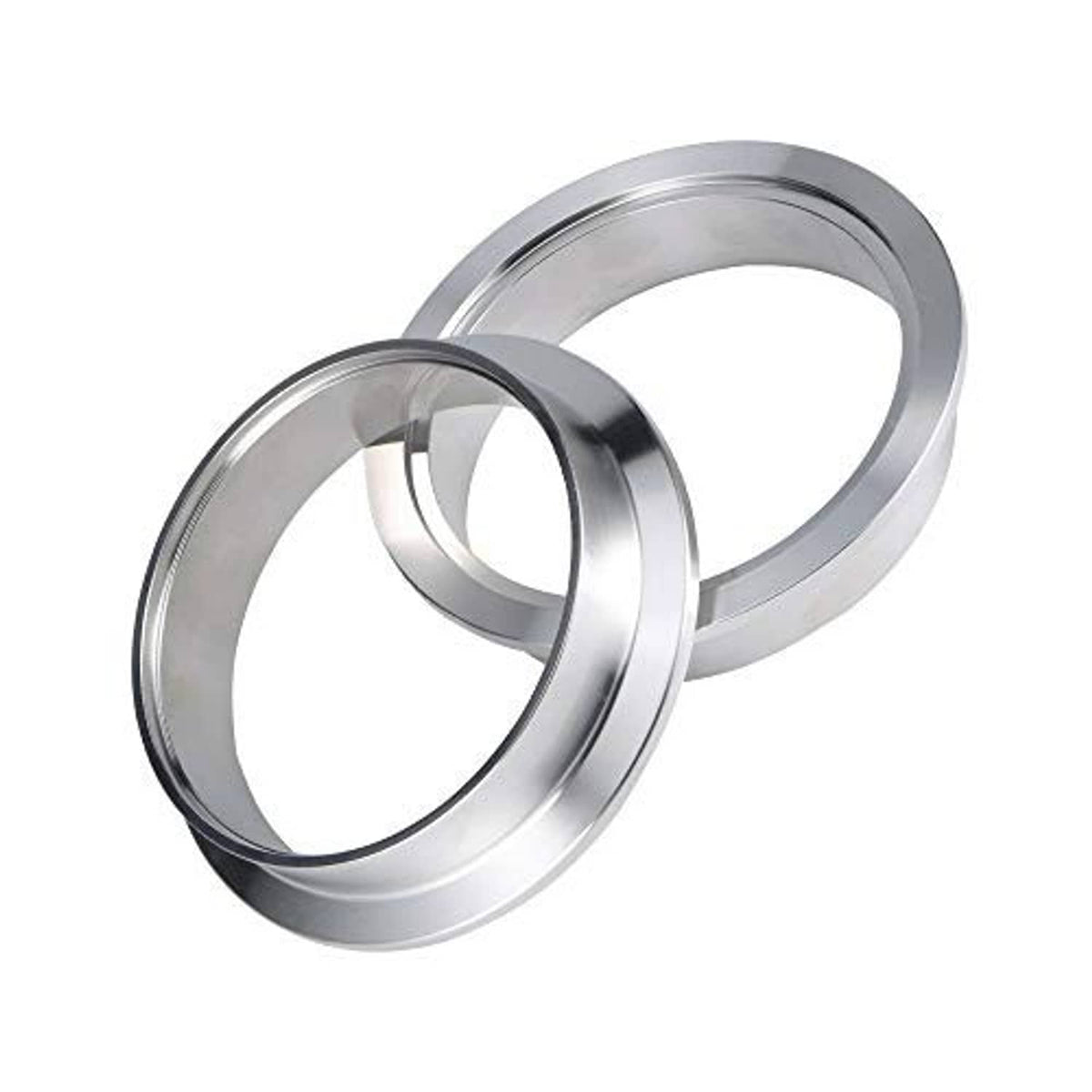 Pair of stainless V-band clamp rings with flanges, overlapping view