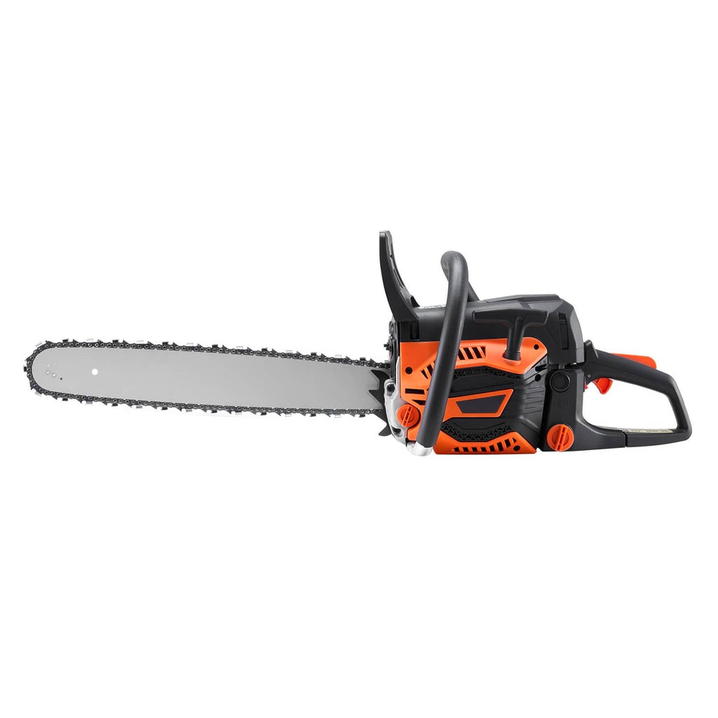 Orange and black gasoline chainsaw with 20 in guide bar and cutting chain