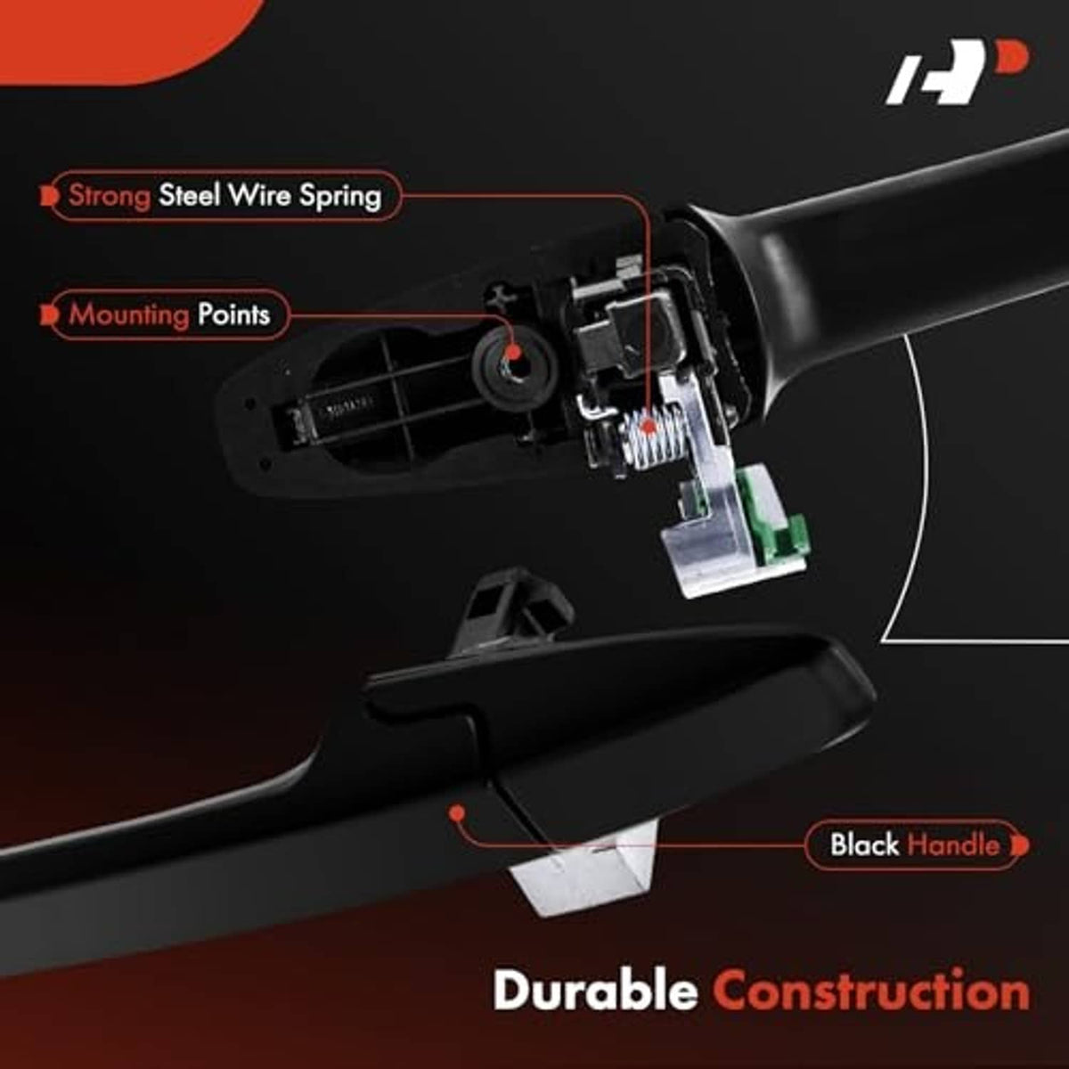 Exterior door handle underside view showing black grip and mounting hardware