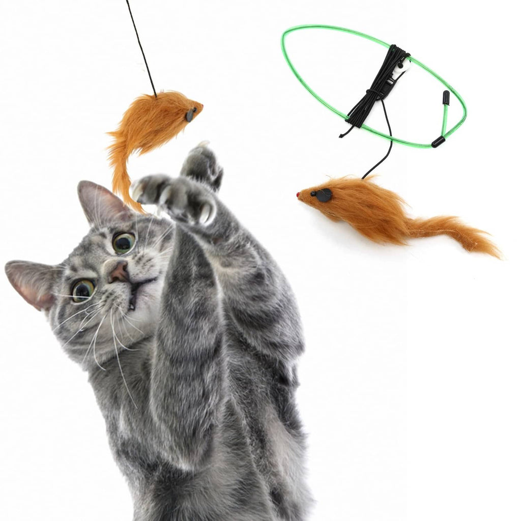 Cat toy set with orange plush mouse, black wand clips, and green string loop