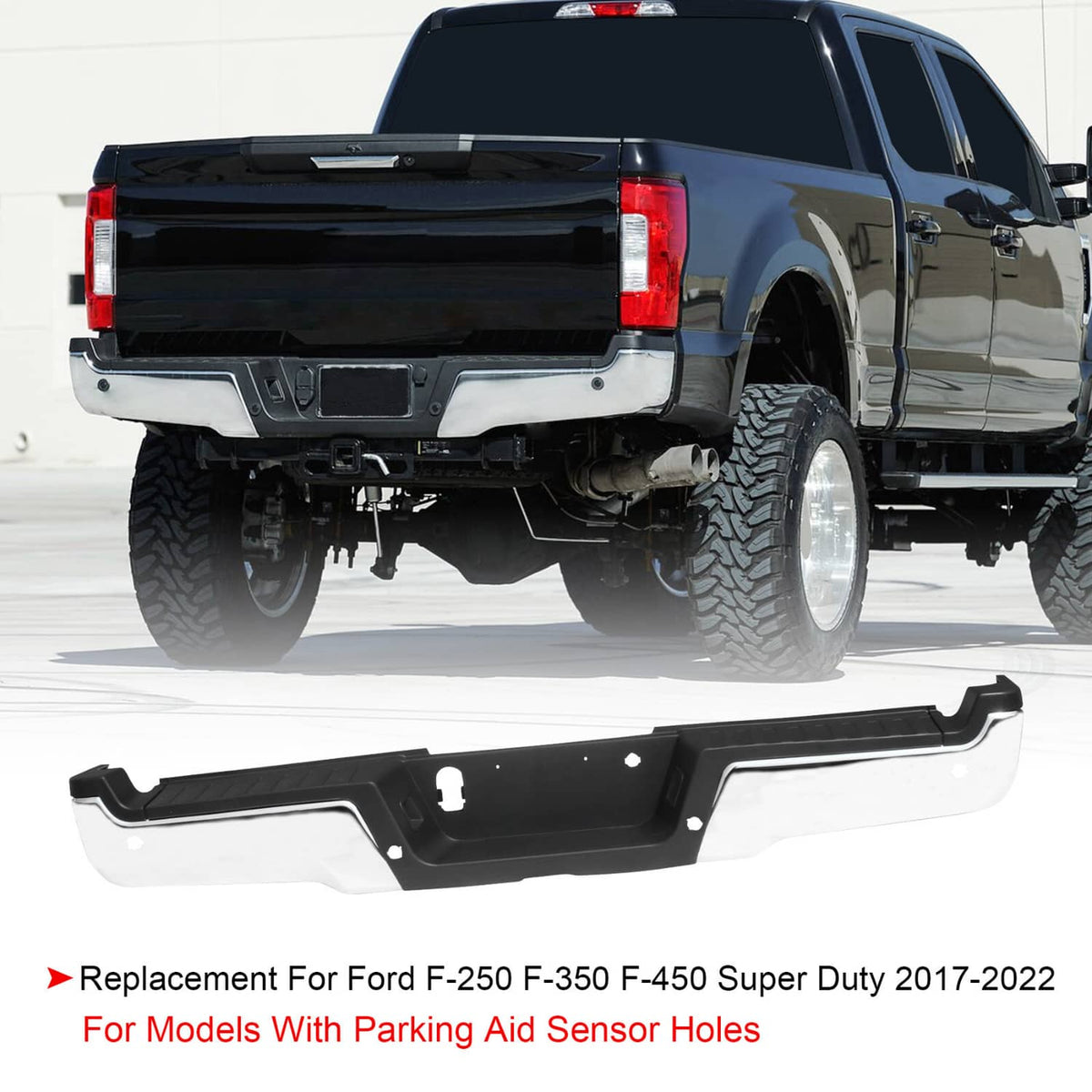 Installed rear step bumper on a pickup truck with black and chrome-style trim