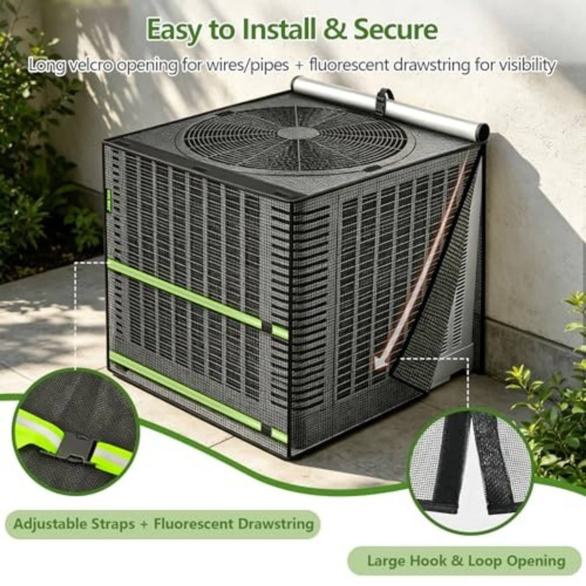 Black mesh AC cover with roll-up top, side straps, and green accent band