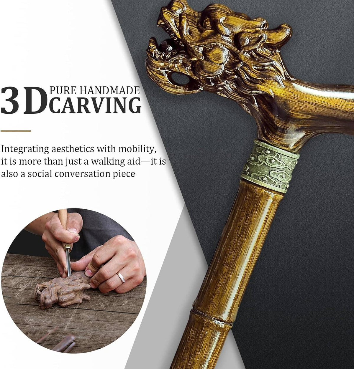 Ornate carved wooden walking cane with dragon handle and decorative collar, close view