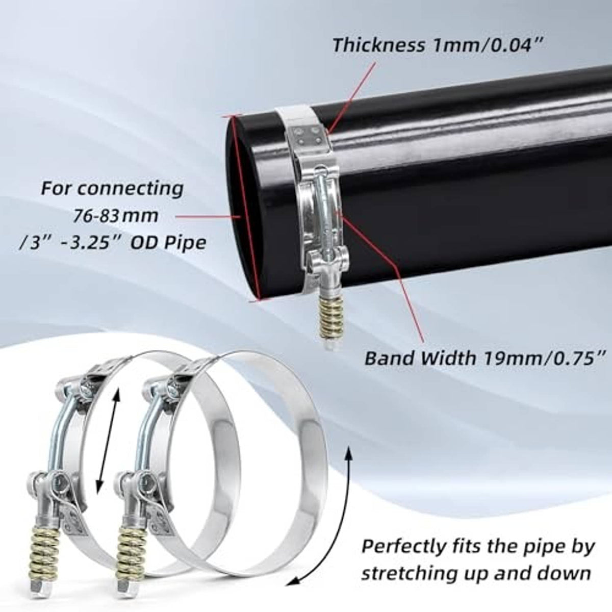 Stainless T-bolt hose clamp securing a black hose; 1mm band thickness