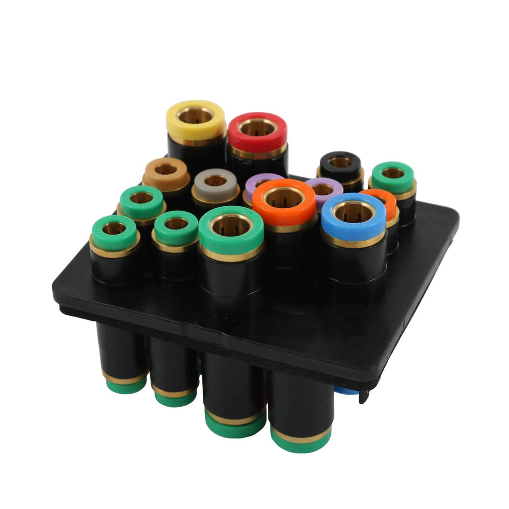 Black air manifold with multiple colored fitting ports and brass inner openings