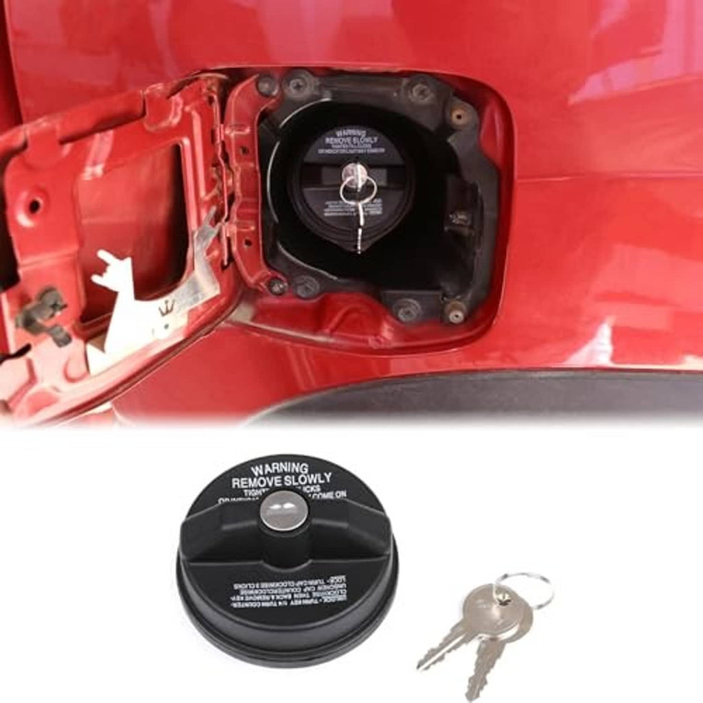 Anti-theft fuel tank cap replacement set with black lock cap and two metal keys