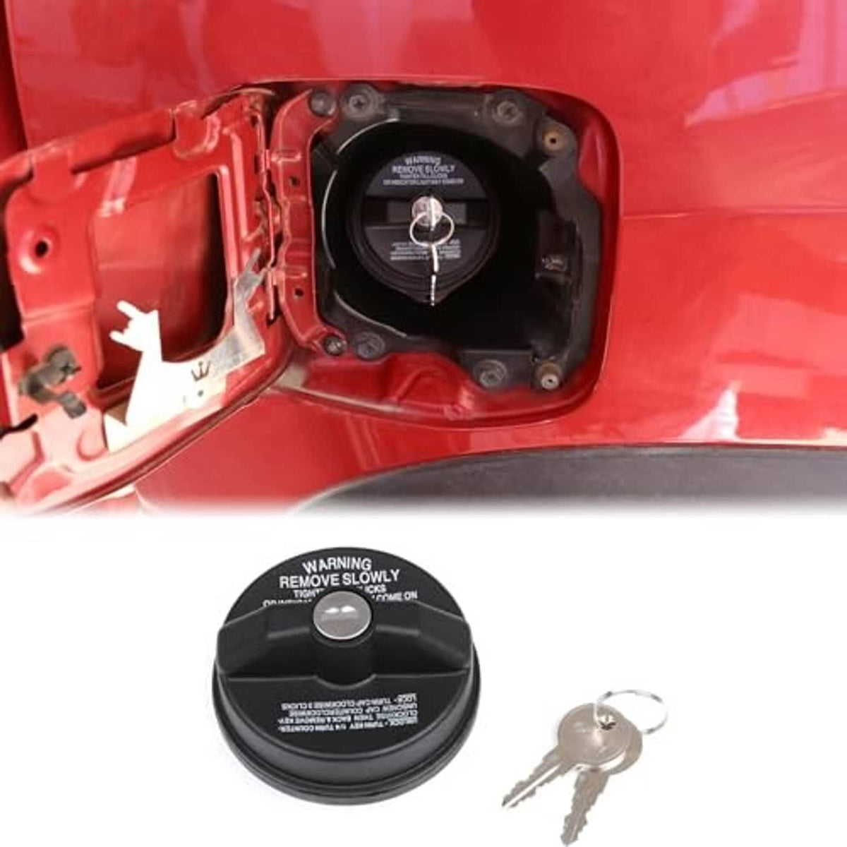 Anti-theft fuel tank cap replacement set with black lock cap and two metal keys