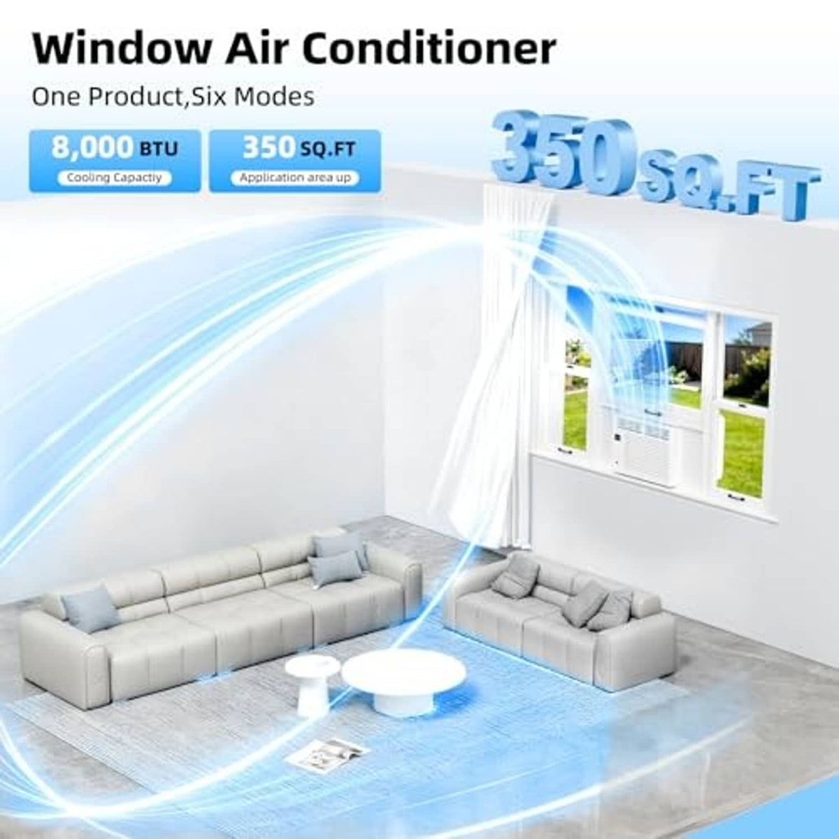White window air conditioner mounted in a window opening, front grille facing outward.