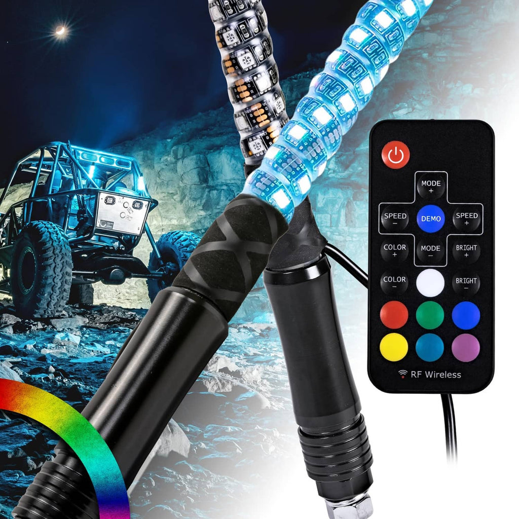 1ft spiral LED whip lights, black bases, multicolor blue glow, with wireless remote