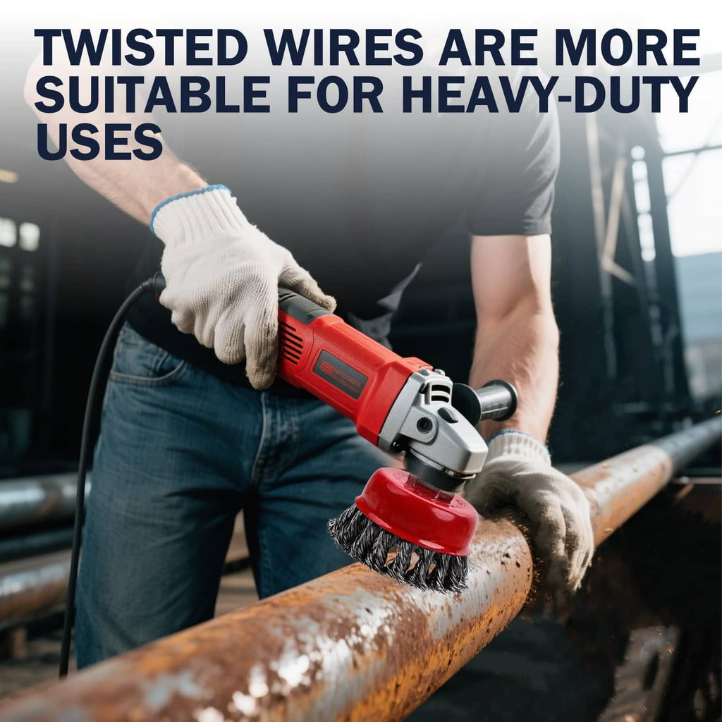 Red wire cup brush on angle grinder cleaning rusted metal pipe