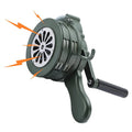 Handheld green crank air raid siren with circular speaker and side handle