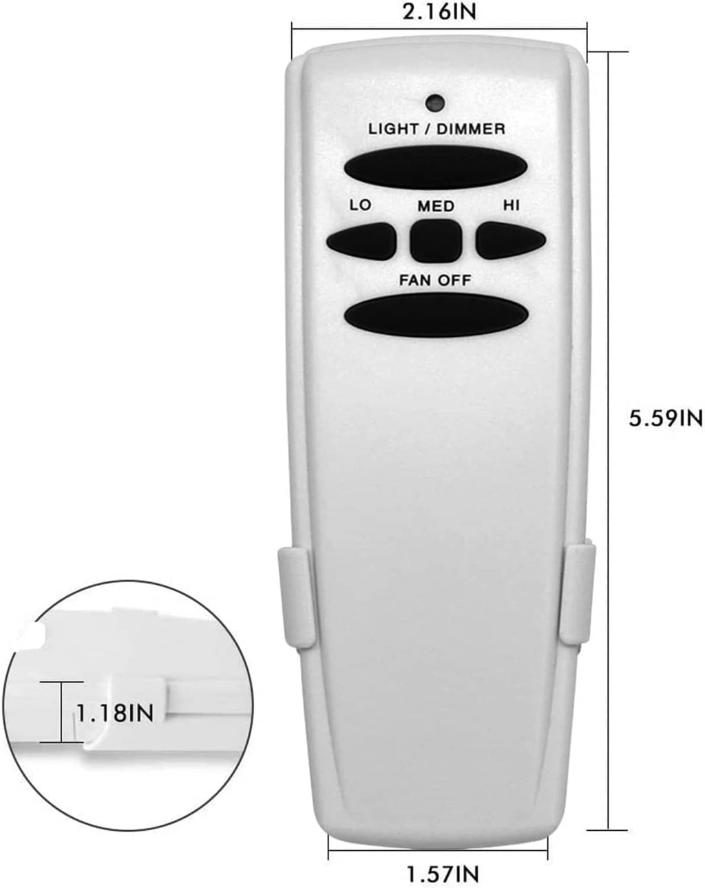 Ceiling fan remote control with light/dimmer and fan speed buttons plus size