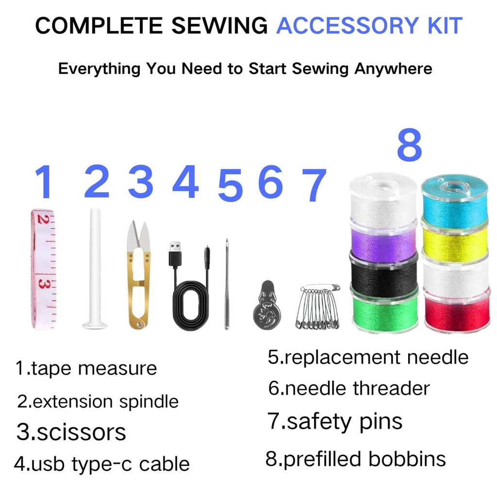 Complete sewing accessory kit with black handheld machine and prefilled bobbins