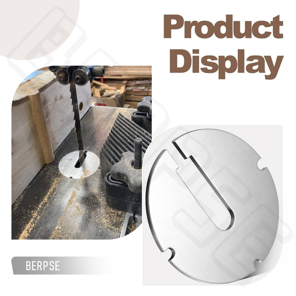Circular metal table insert shown with a woodshop drilling setup