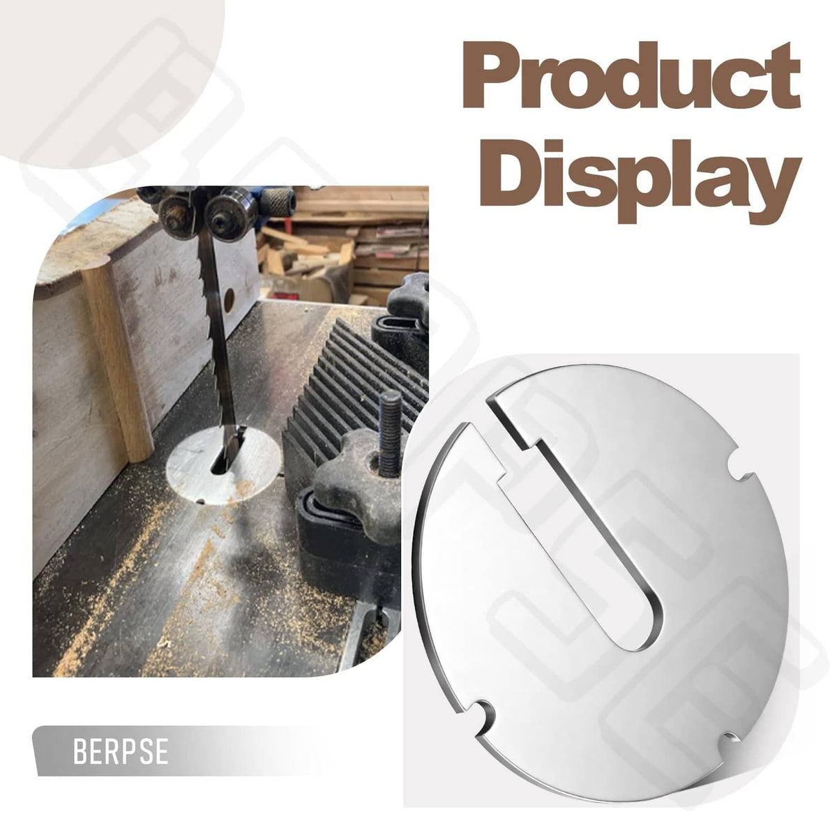 Circular metal table insert shown with a woodshop drilling setup