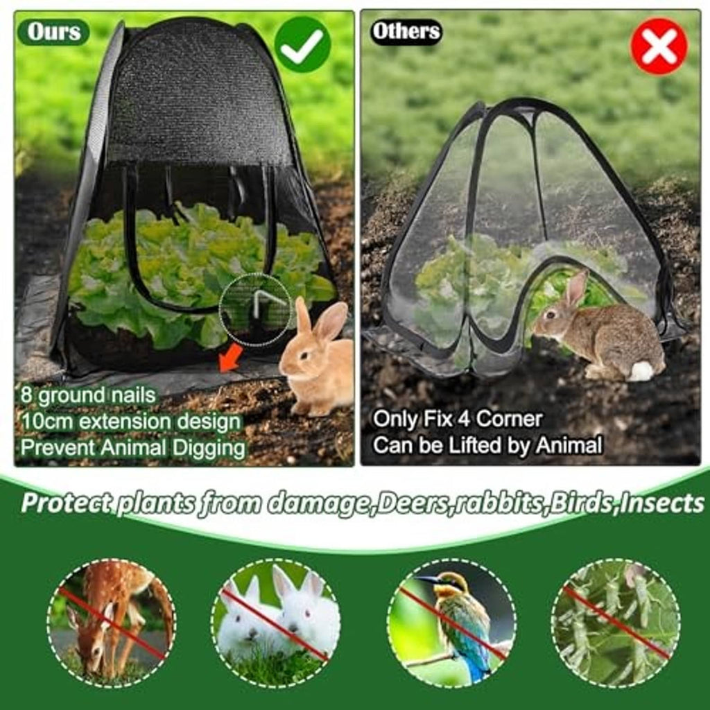 Black pop-up mesh plant shade tent with multiple ground nails and zip-front opening, round cover