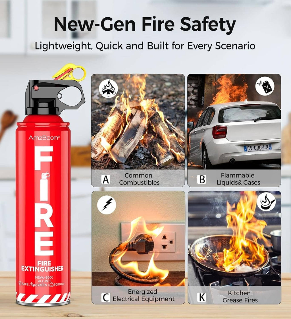 Red AmzBoom fire extinguisher with black nozzle and yellow pull ring
