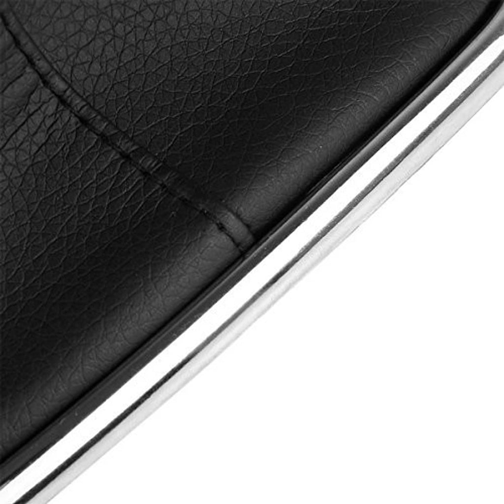 Close-up of black PU leather gaitor boot edge with chrome trim lining