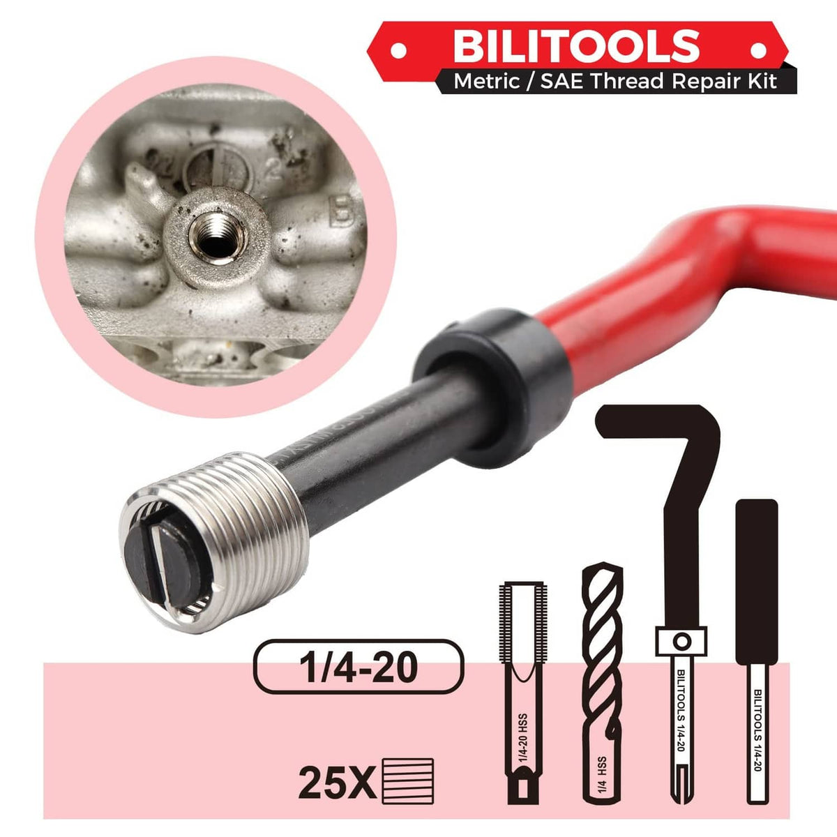 1/4-20 thread repair components: drill bit, tap tool, and threaded insert pieces