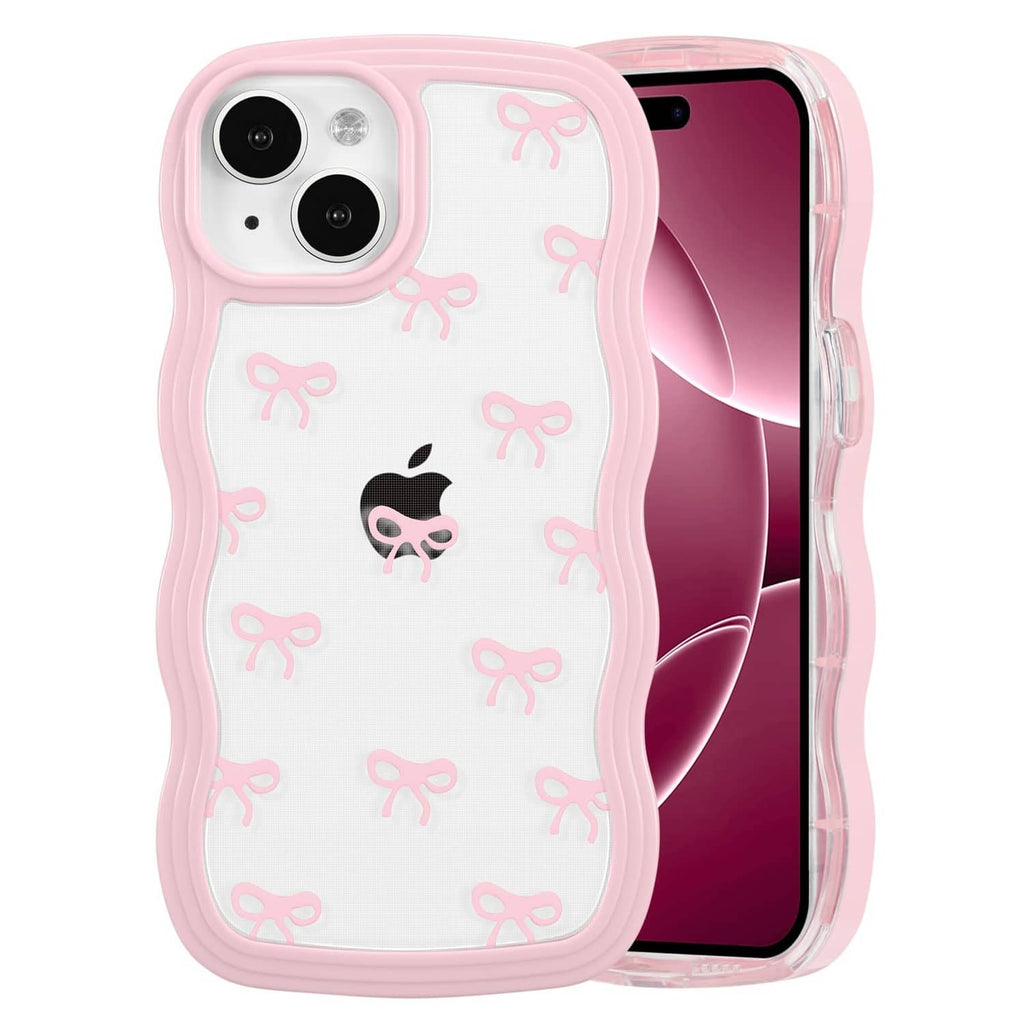 Pink clear iPhone case with bow pattern, transparent front showing the phone display.