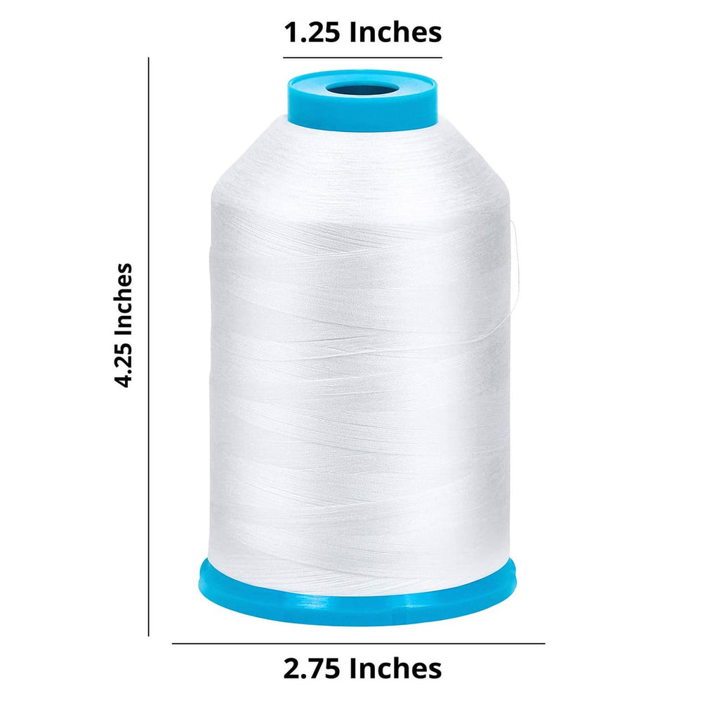 White 90wt bobbin thread cone with blue base; 2.75 in wide, 4.25 in tall.