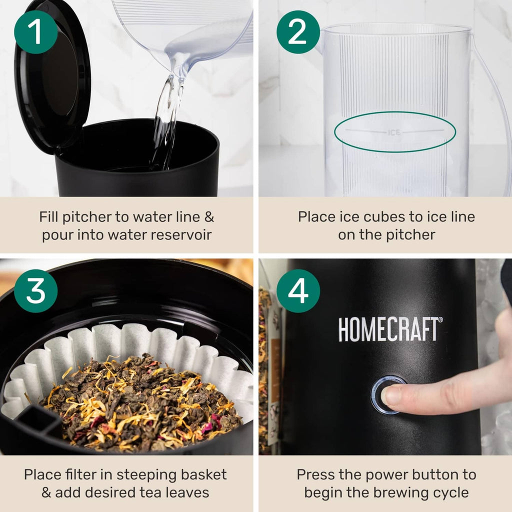 Black iced tea maker with water pouring into the pitcher reservoir