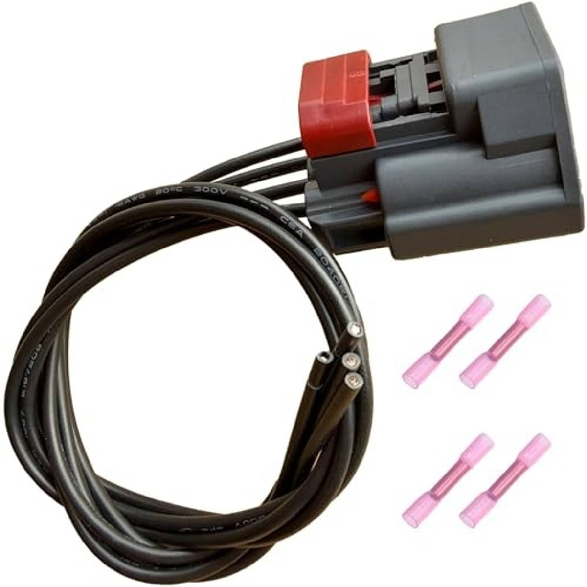 Throttle body sensor wiring harness with black cable, gray connector, and pink insulator caps